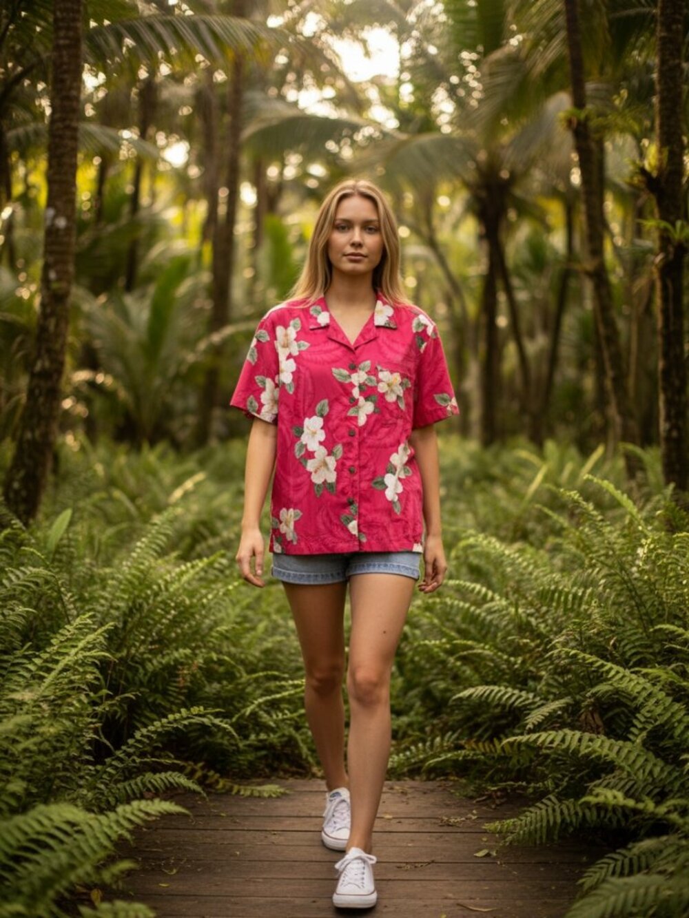 LA CABANA, Women's Vibrant Pink Floral Print Button-Down Shirt, Size Large